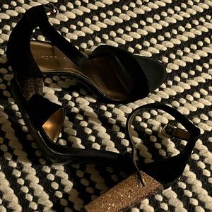 Marc Fisher holiday heels, 8 Black velvet with gold glitter heel.